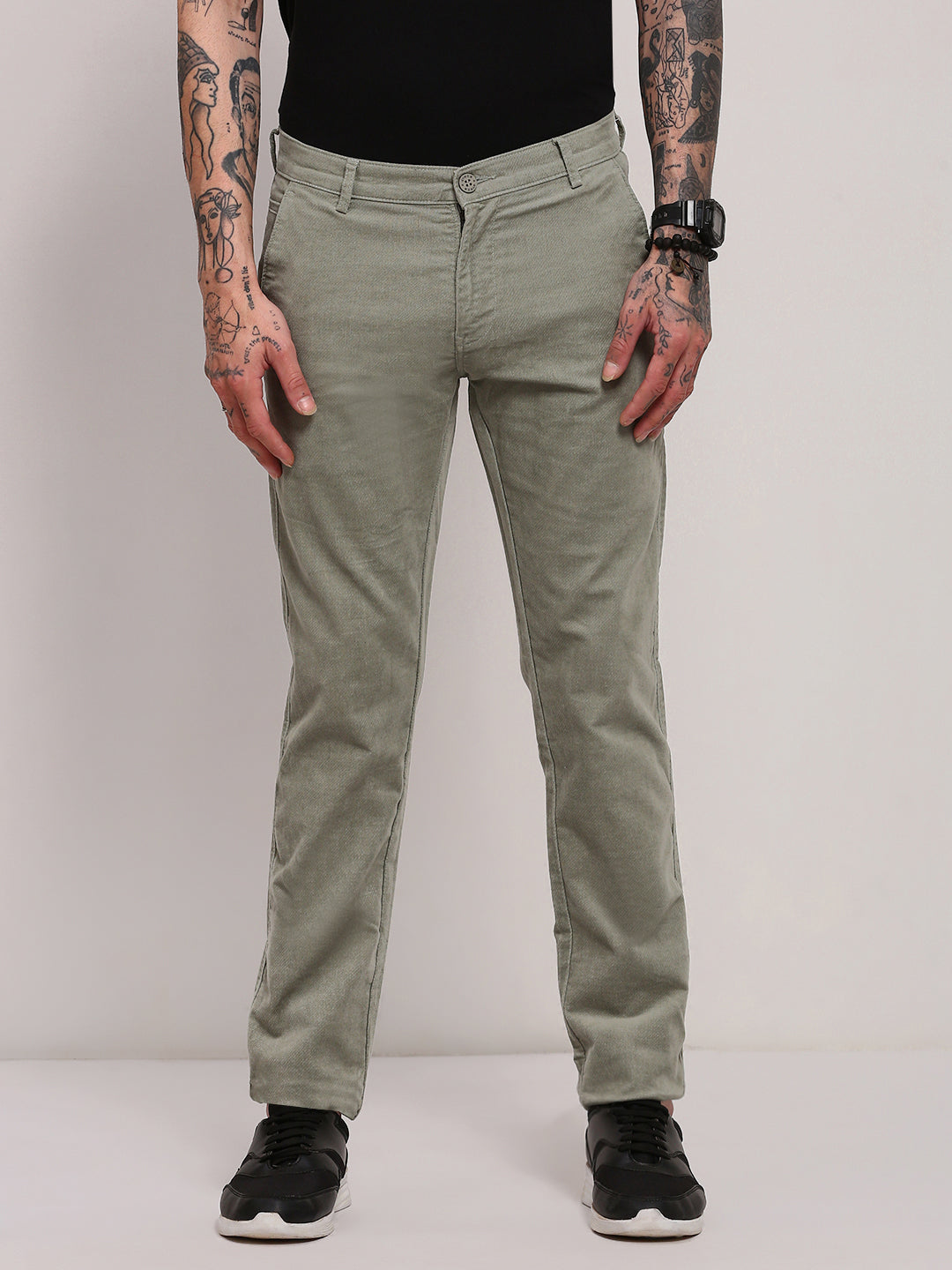 Men's Green Solid Cotton Trousers