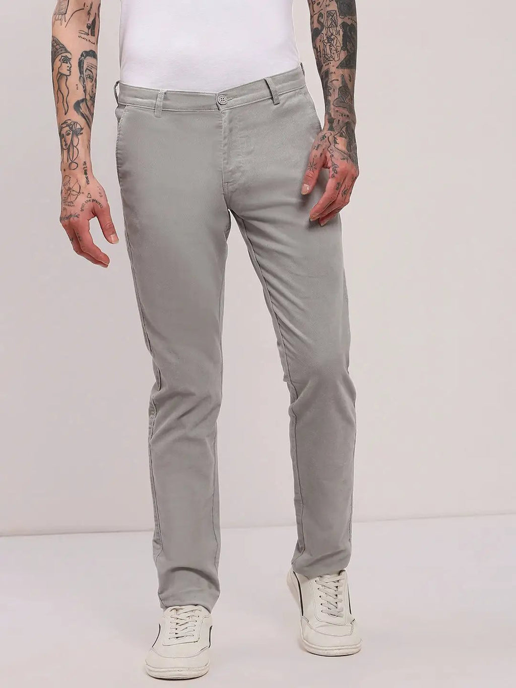 Men's Grey Cotton Solid Trousers