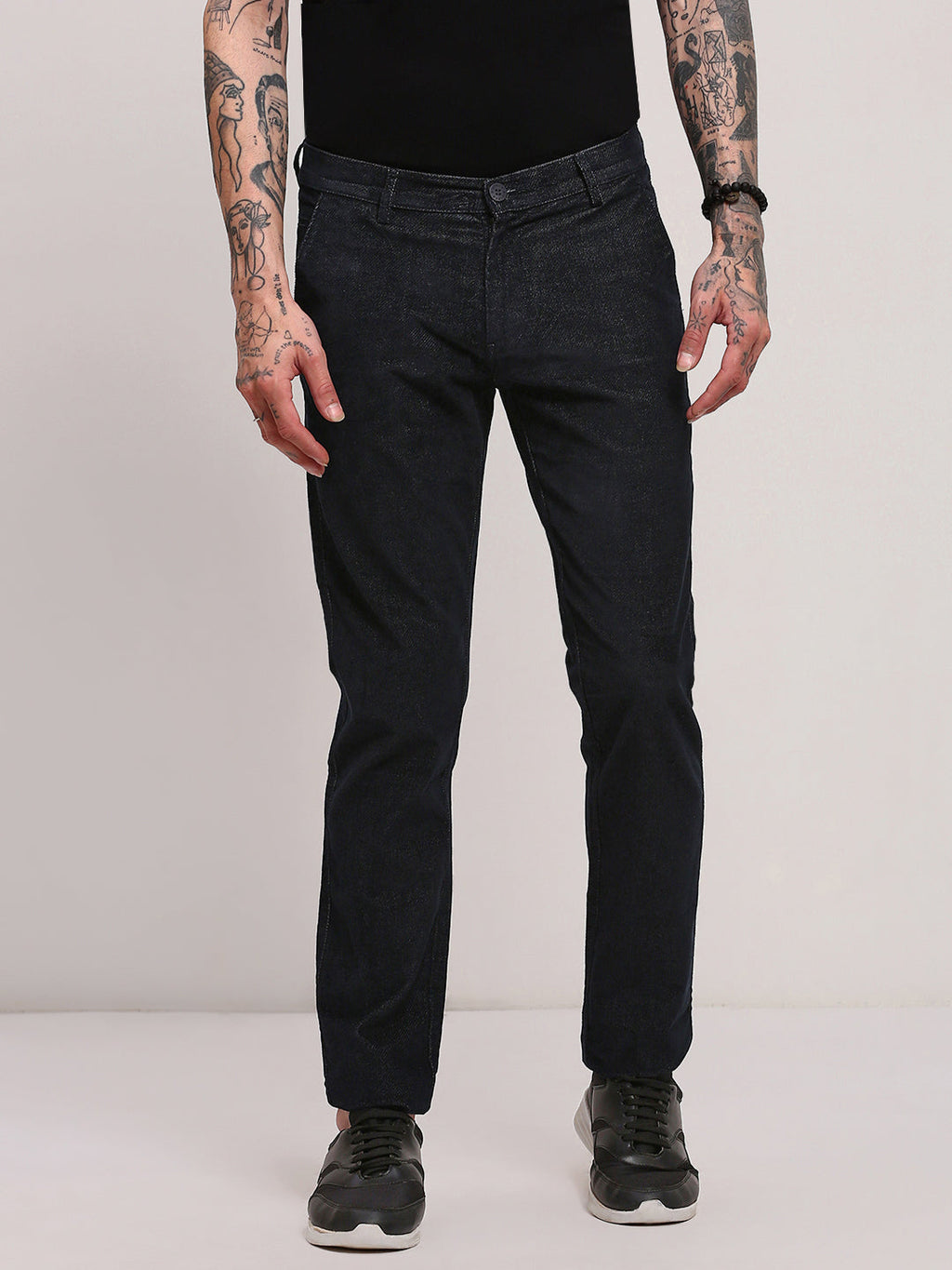 Men's Navy Blue Cotton Comfort Skinny Fit Low-Rise Trousers