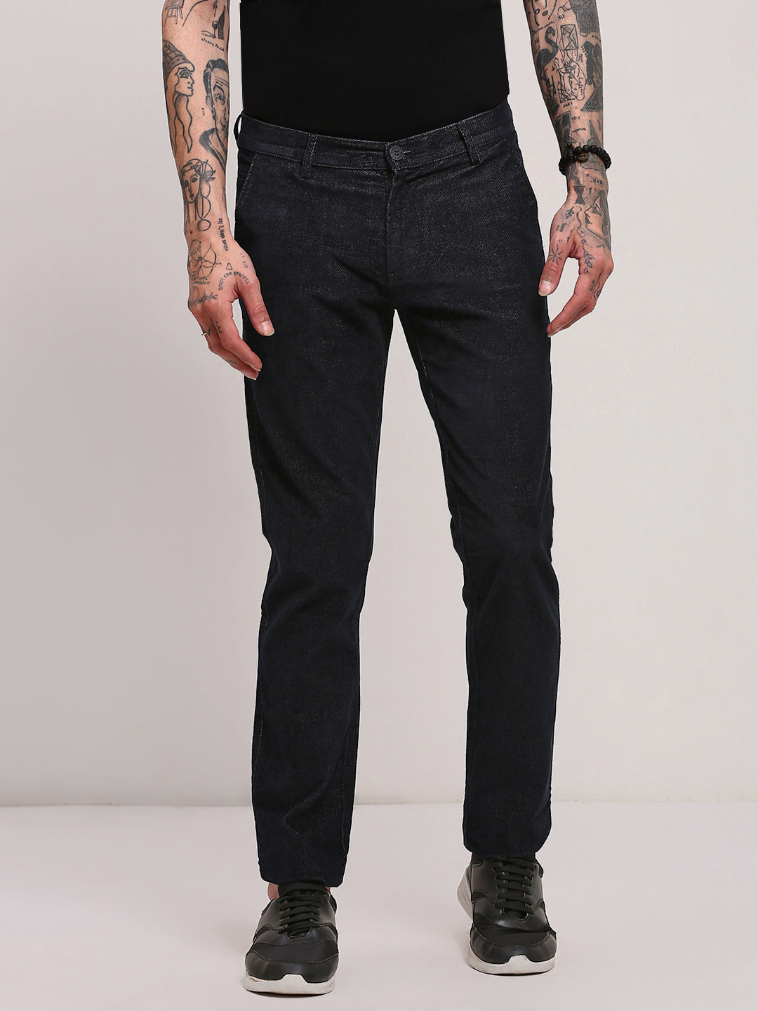 Men's Navy Blue Cotton Comfort Skinny Fit Low-Rise Trousers