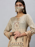 Women's Beige Floral Printed Kurta Set With Dupatta
