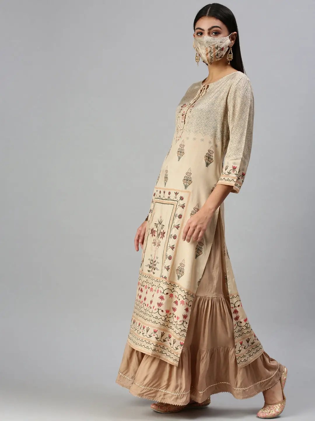 Women's Beige Floral Printed Kurta Set With Dupatta