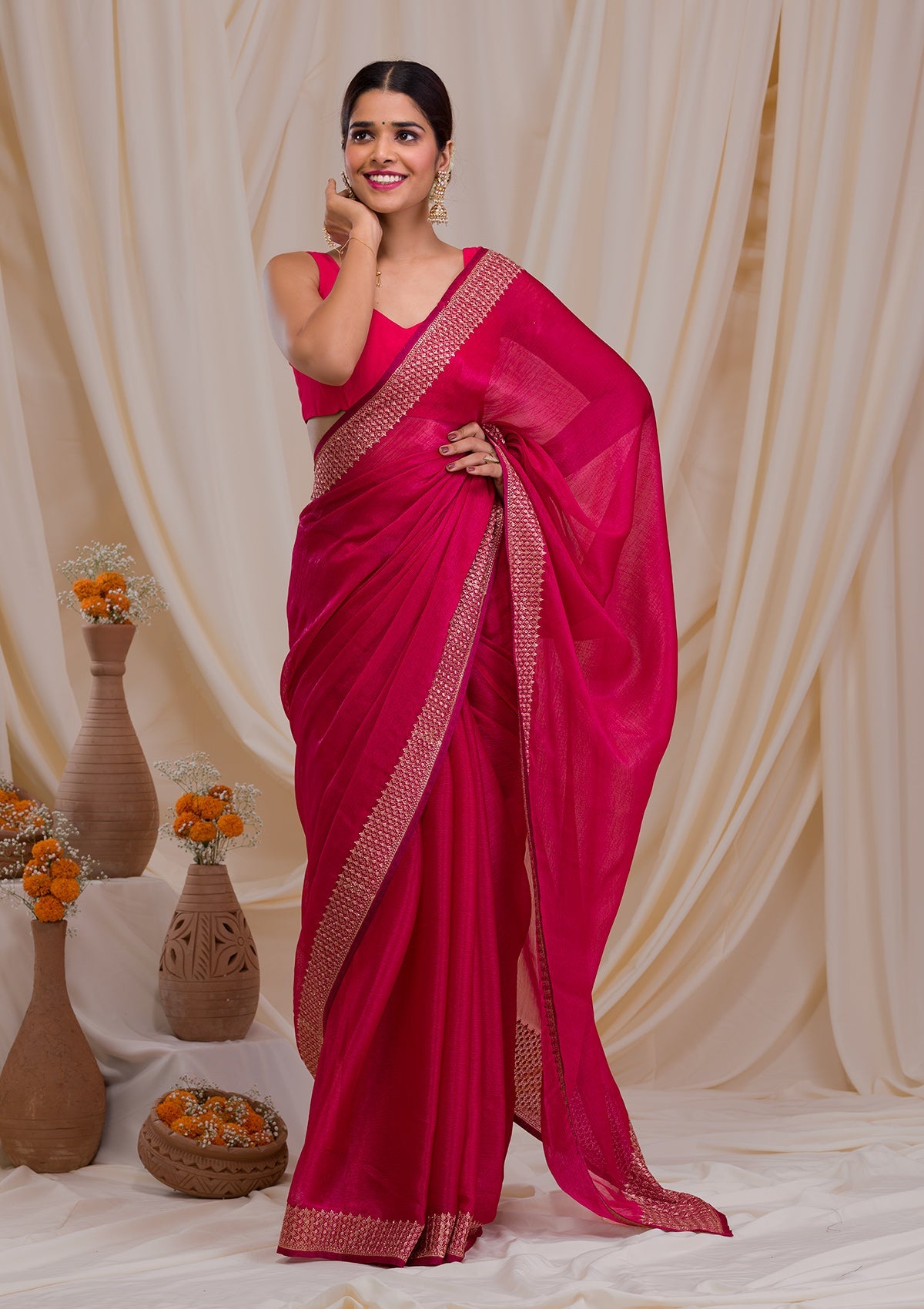 Rani Pink Zardosi Semi Crepe Saree