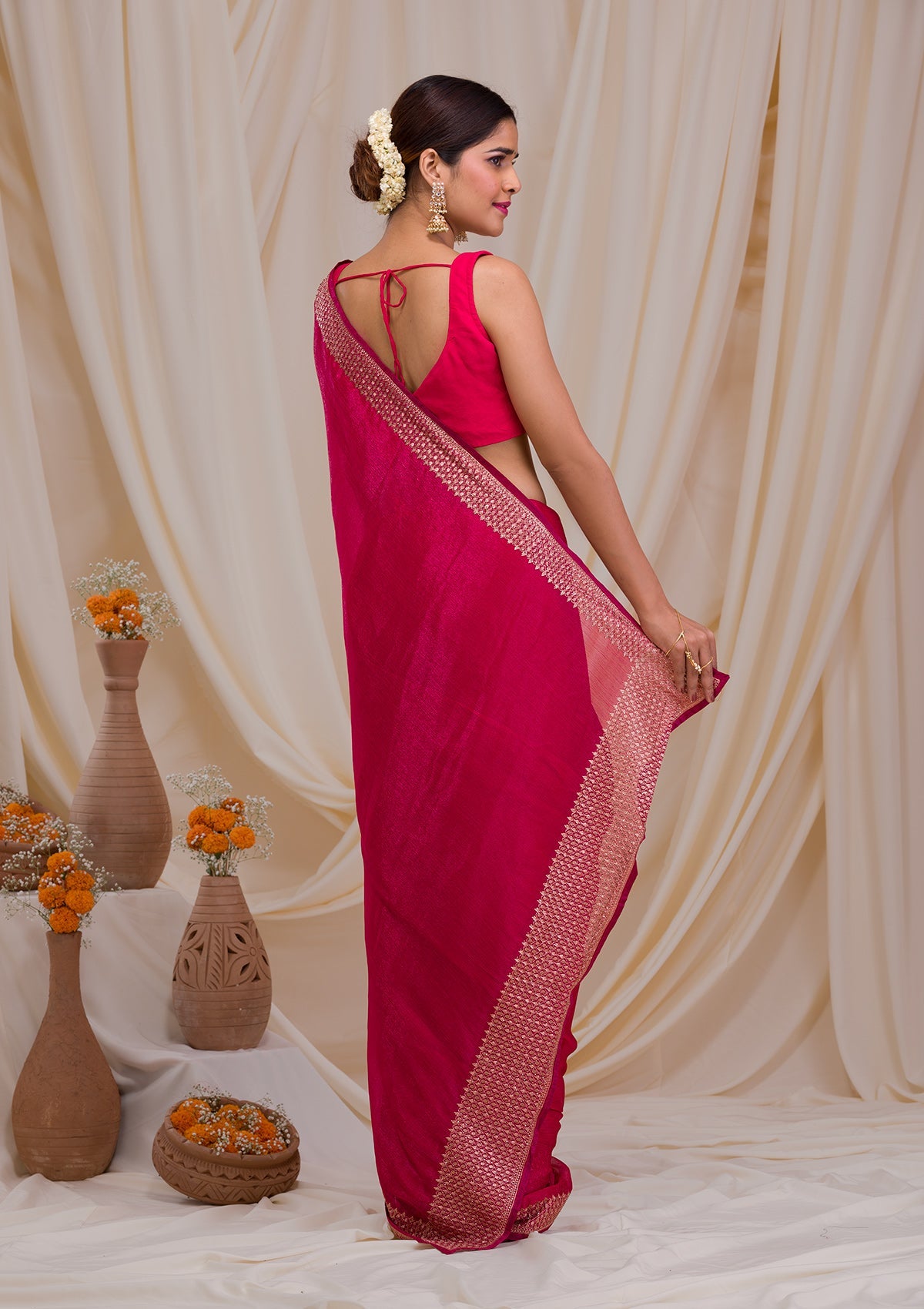 Rani Pink Zardosi Semi Crepe Saree