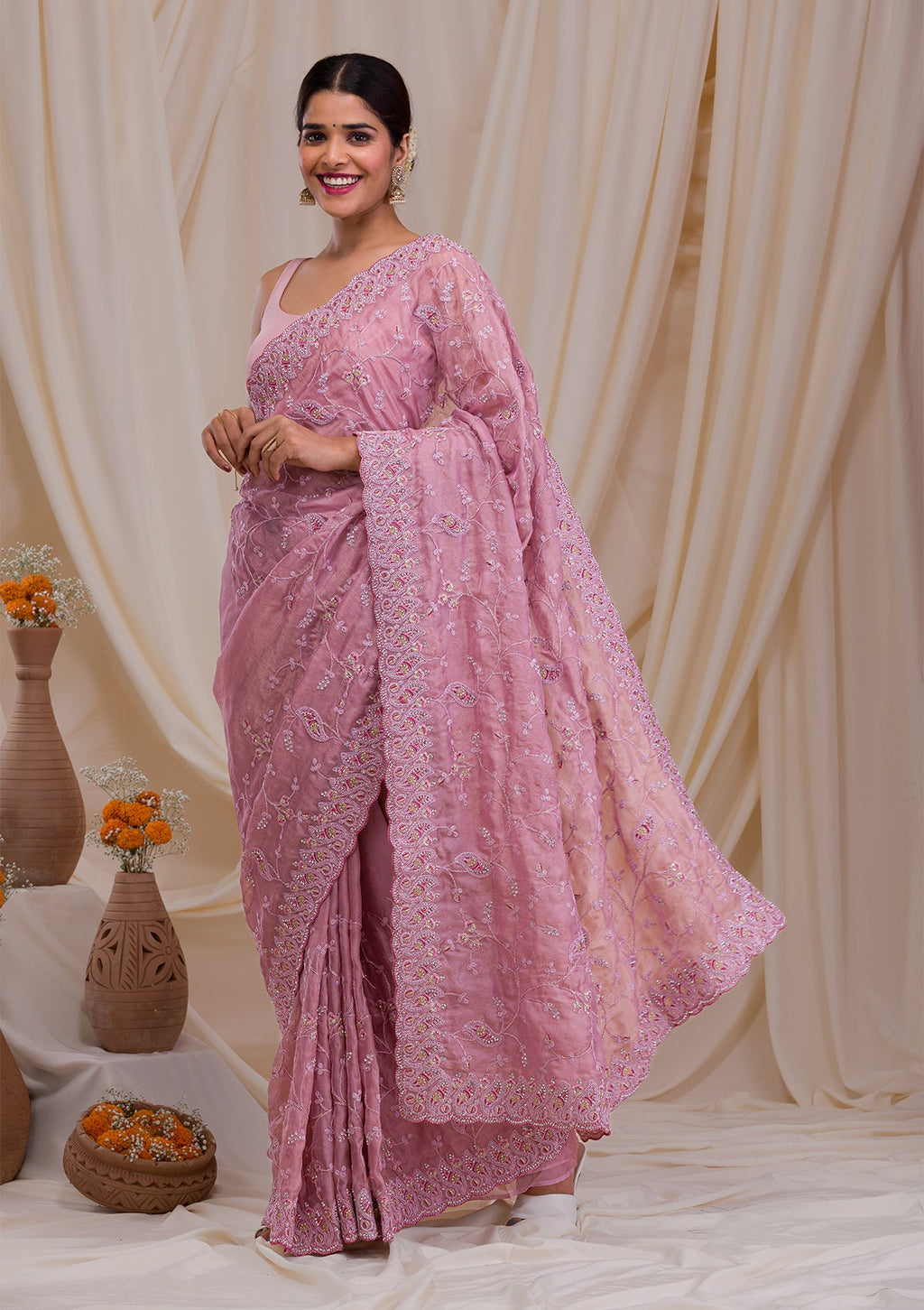 Lavender Silver Stonework Net Saree