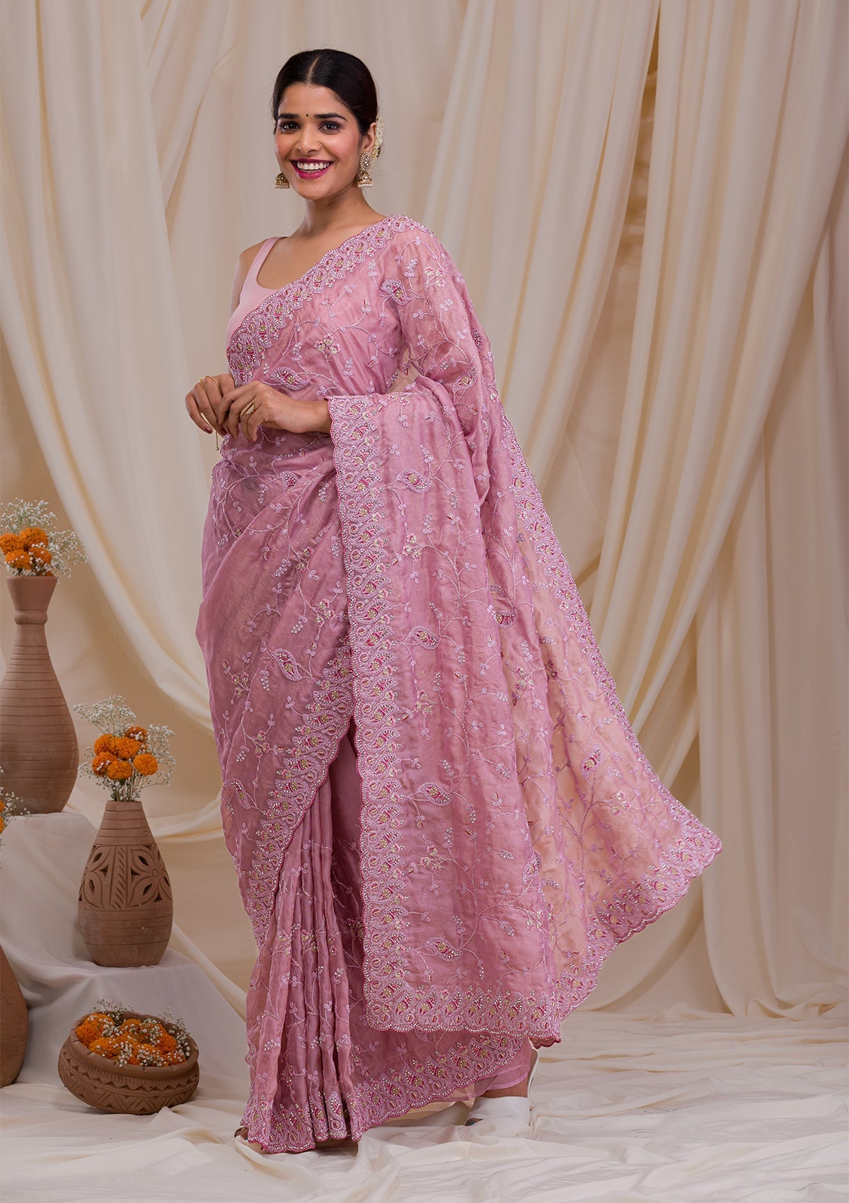 Lavender Silver Stonework Net Saree