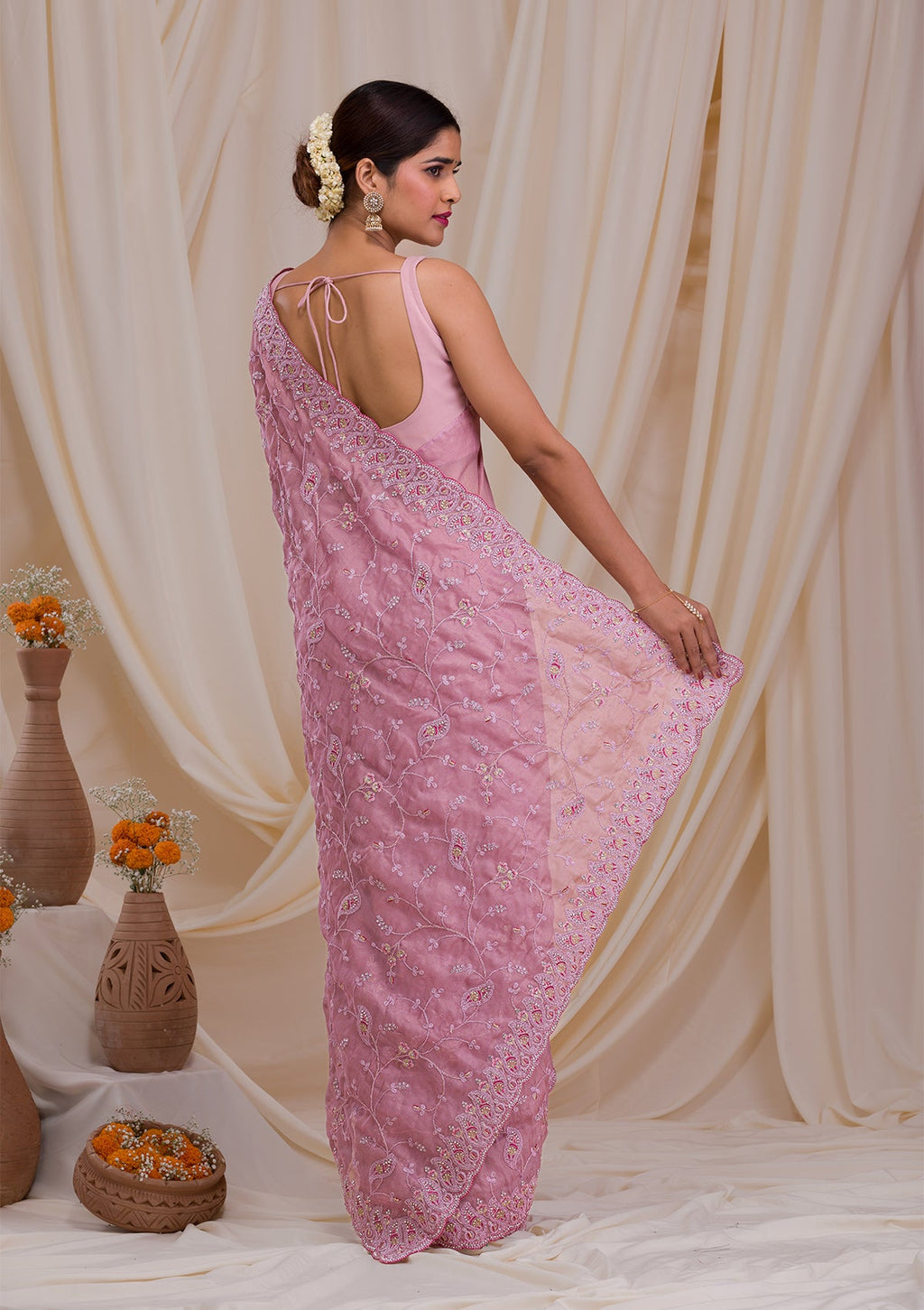 Lavender Silver Stonework Net Saree