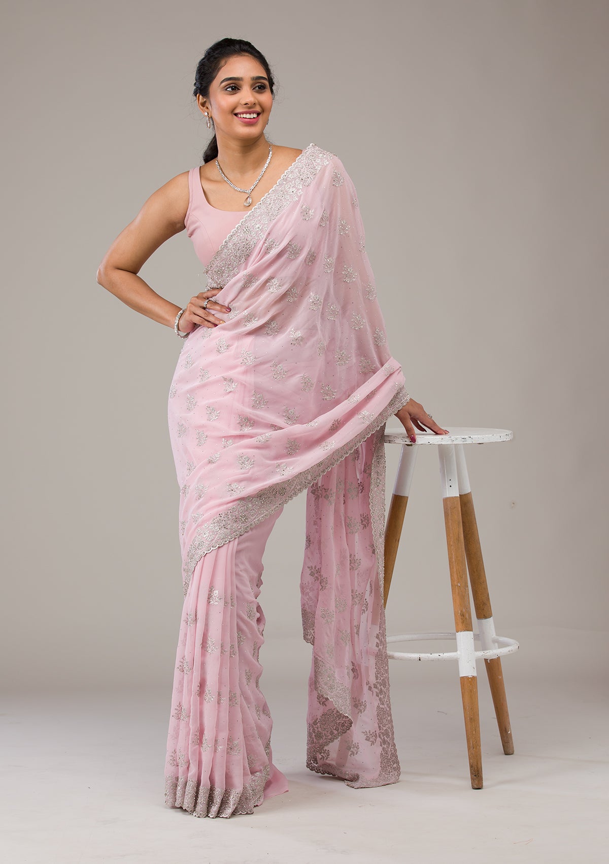 Baby Pink Silver Stonework Georgette Saree