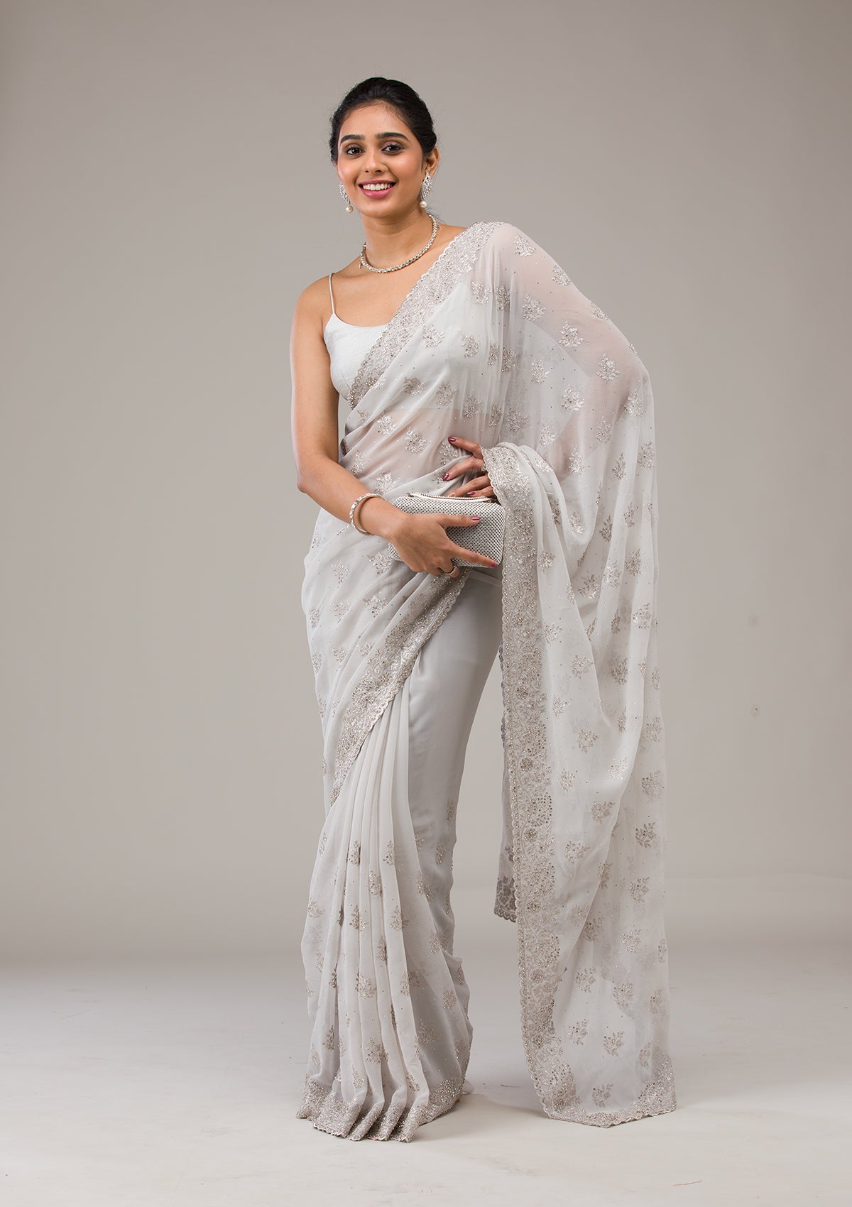 Light Grey Silver Stonework Georgette Saree