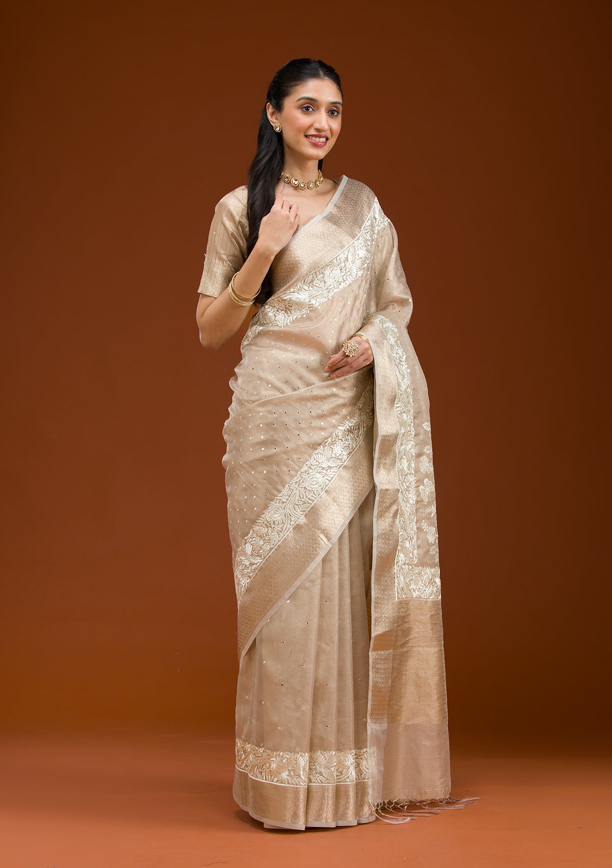 Gold Silver Zariwork Tissue Saree