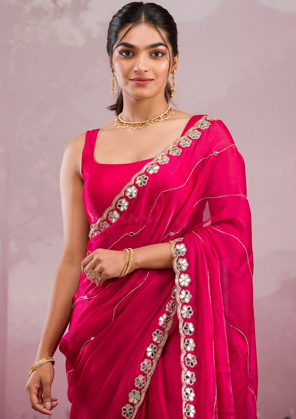 Rani Pink Mirrorwork Organza Saree