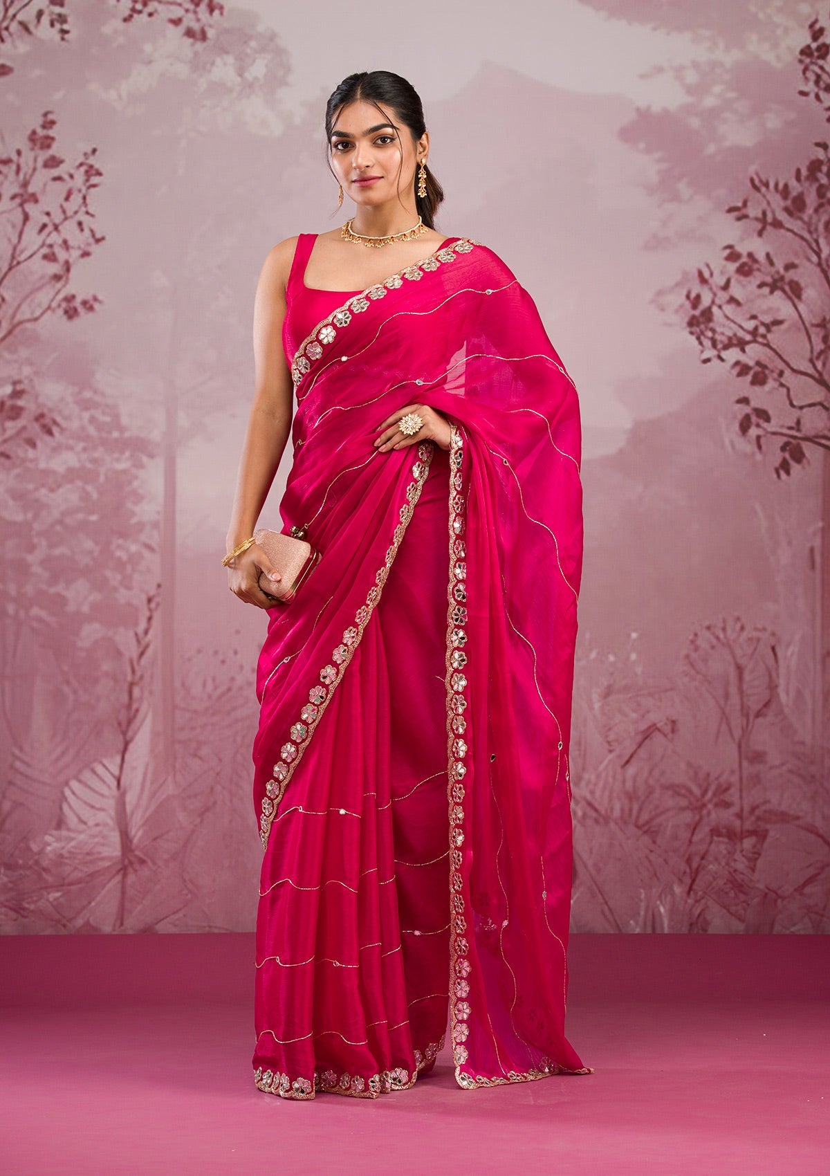 Rani Pink Mirrorwork Organza Saree