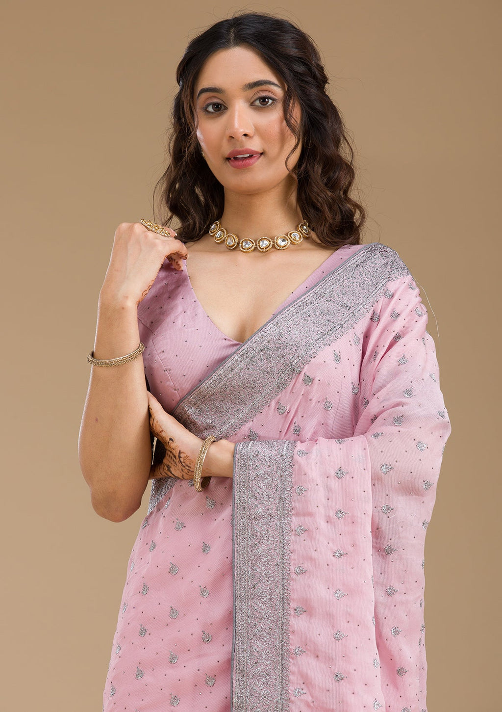 Pink Zariwork Georgette Saree