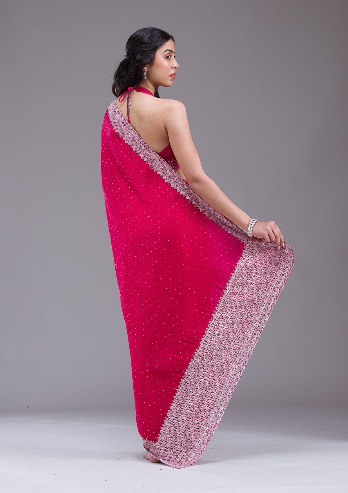 Rani Pink Zariwork (Silver) Satin Saree