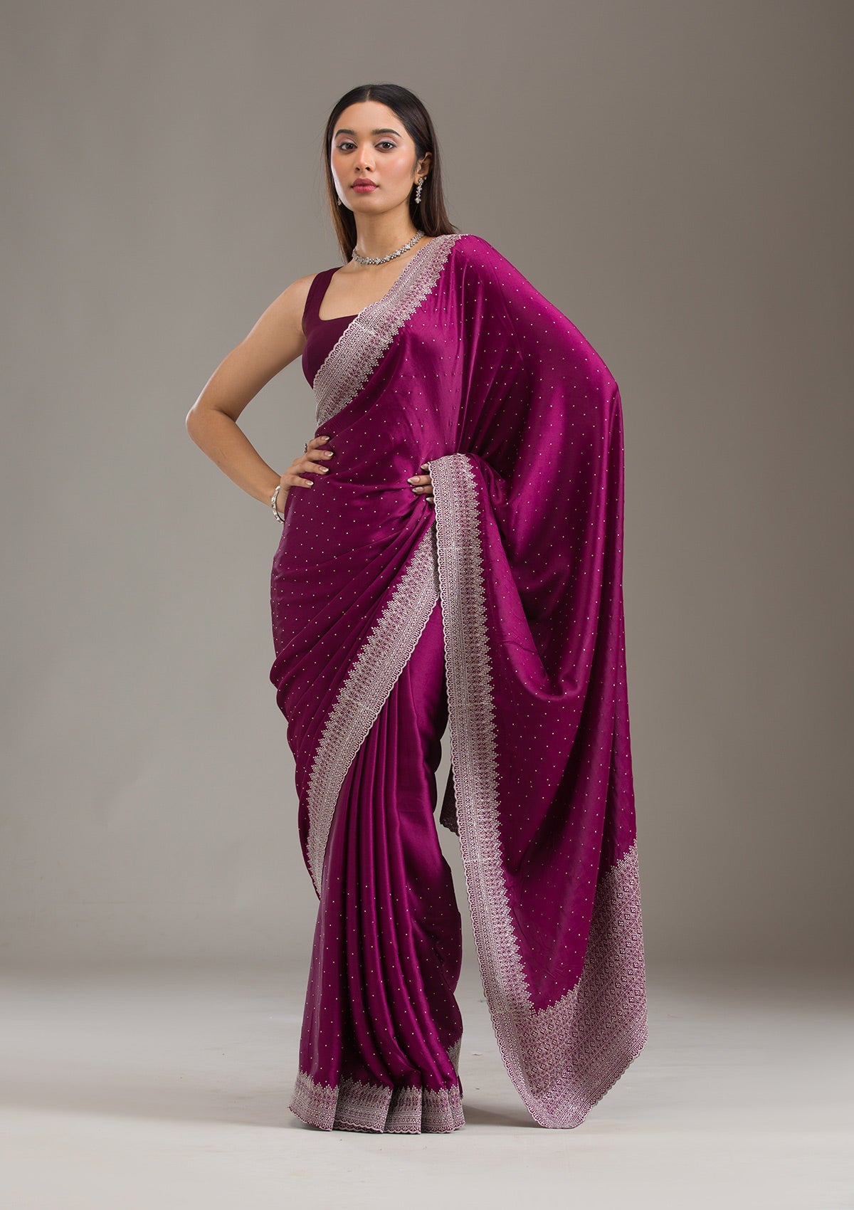 Wine Stonework Satin Saree