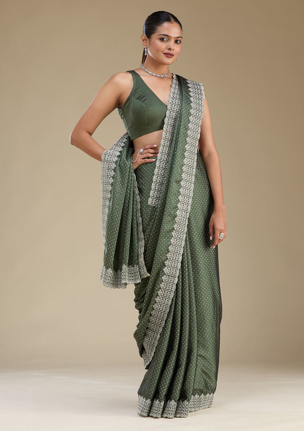 Mehendi Zariwork (Silver) Tissue Saree