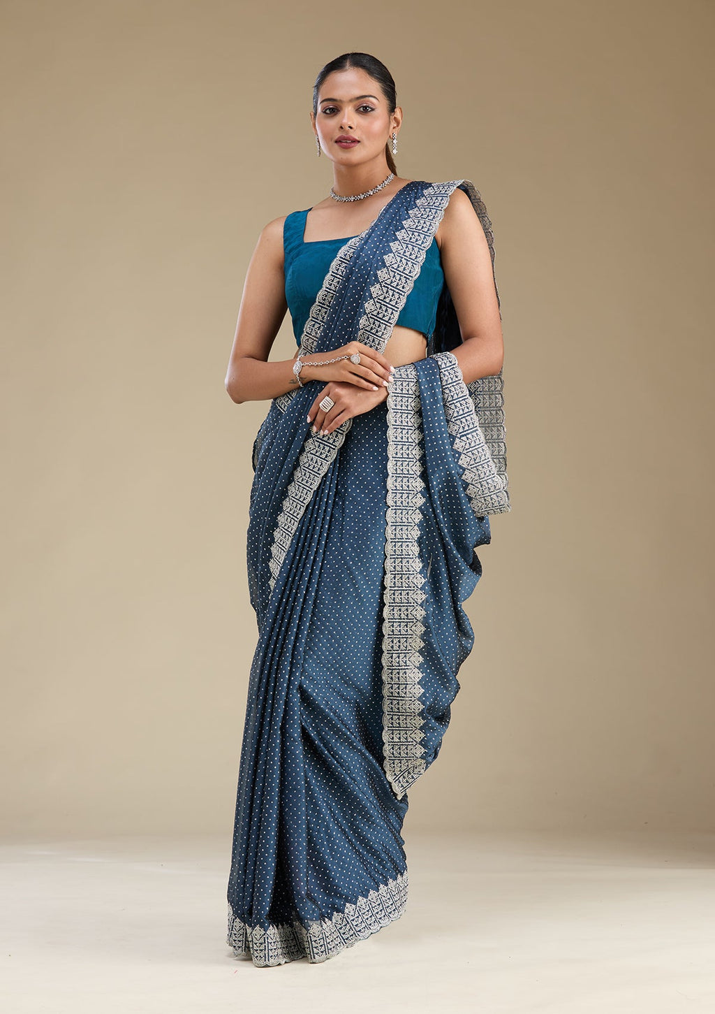 Peacock Blue Zariwork (Silver) Tissue Saree