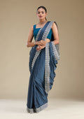 Peacock Blue Zariwork (Silver) Tissue Saree