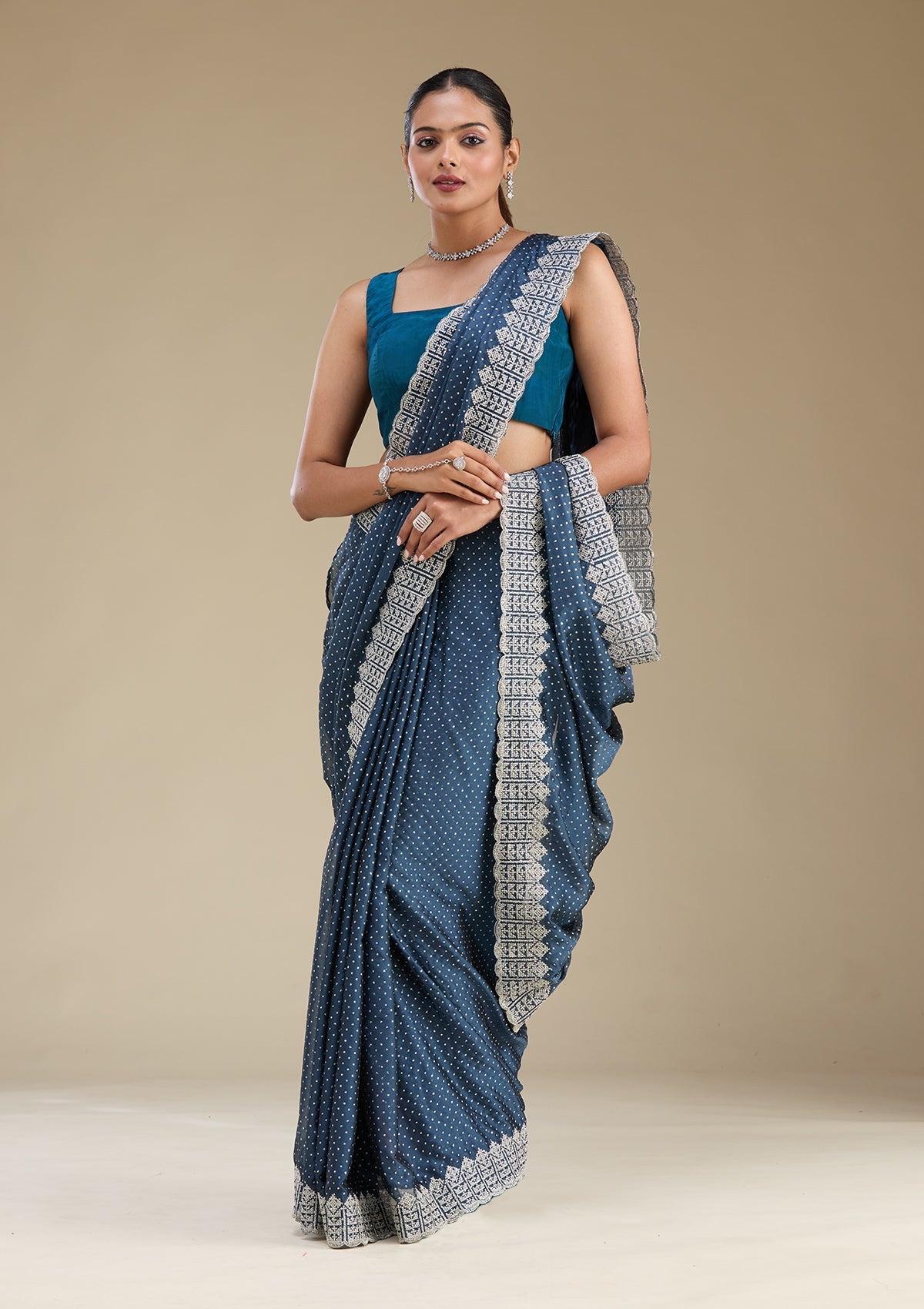 Peacock Blue Zariwork (Silver) Tissue Saree