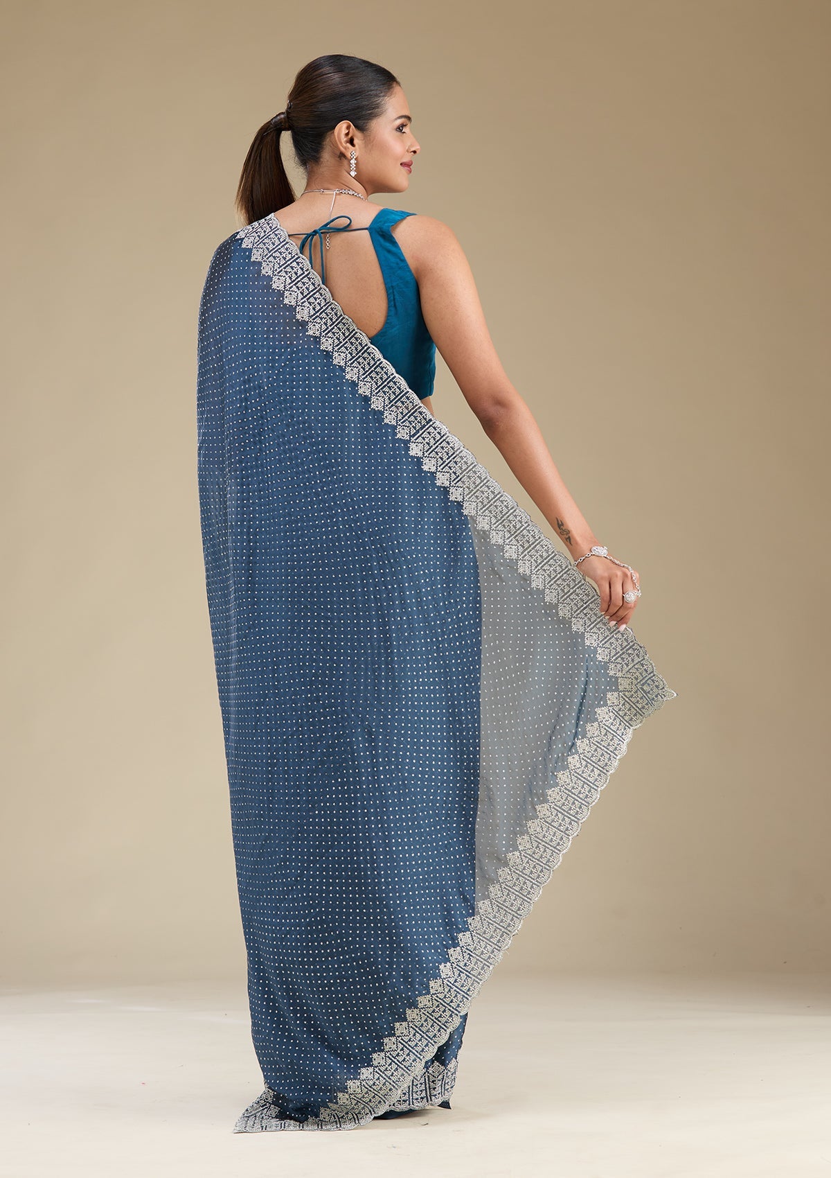 Peacock Blue Zariwork (Silver) Tissue Saree