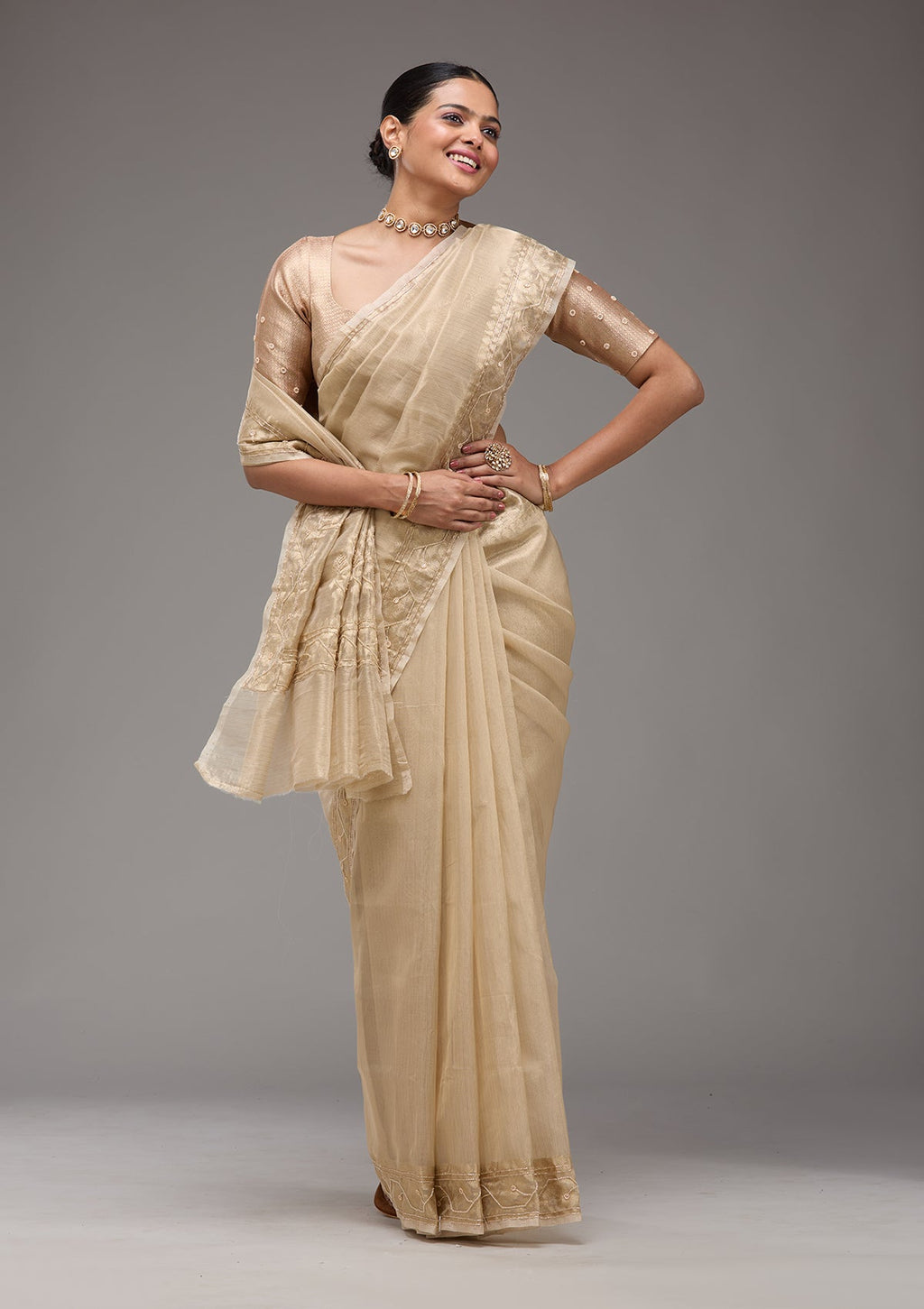 Beige Zariwork Tissue Saree
