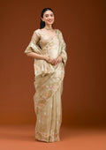 Yellow Threadwork Tissue Saree