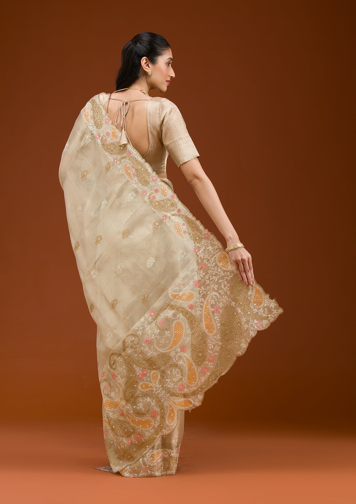 Yellow Threadwork Tissue Saree