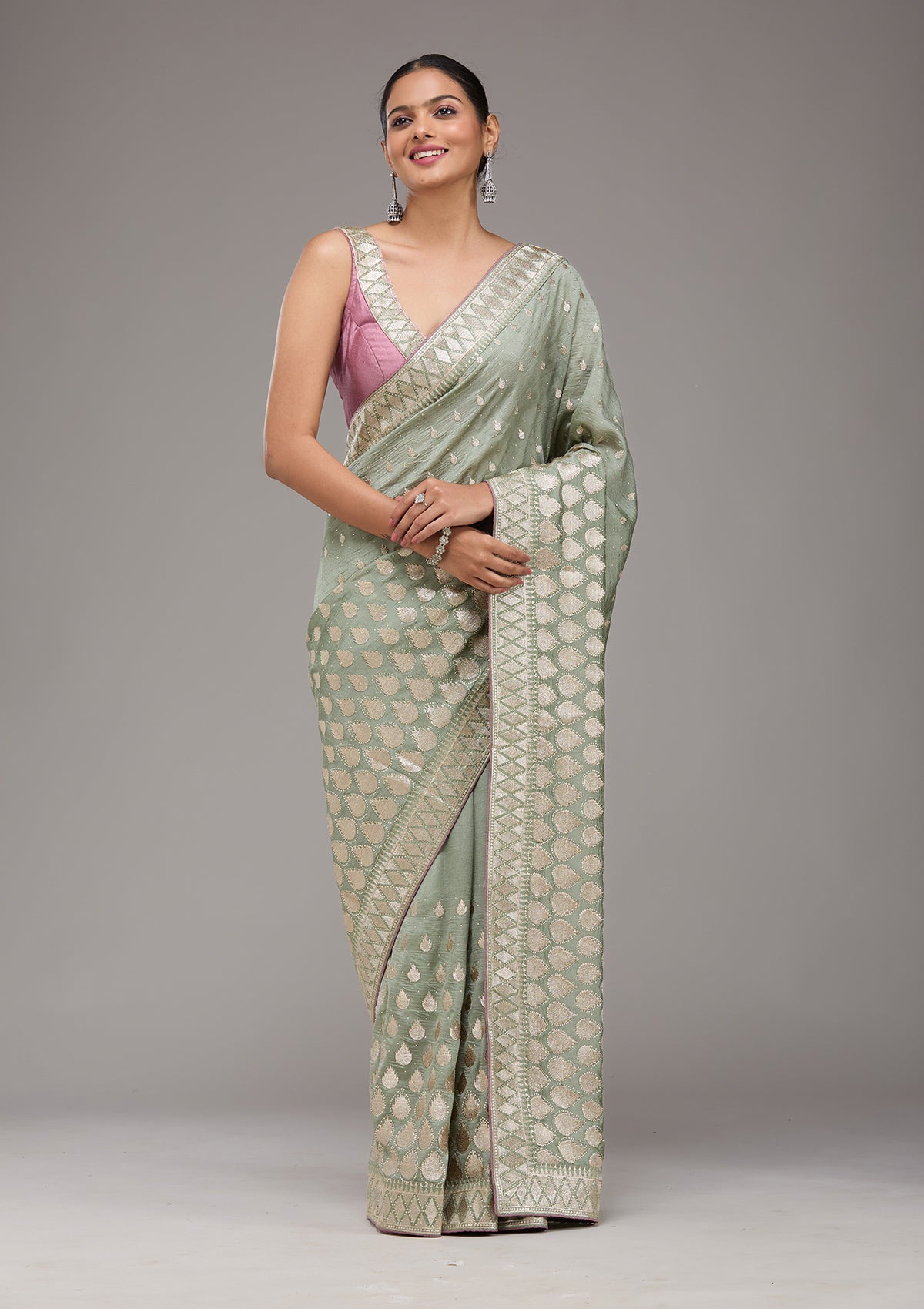 Pista Green Stonework (Gold) Soft Raw Silk Saree