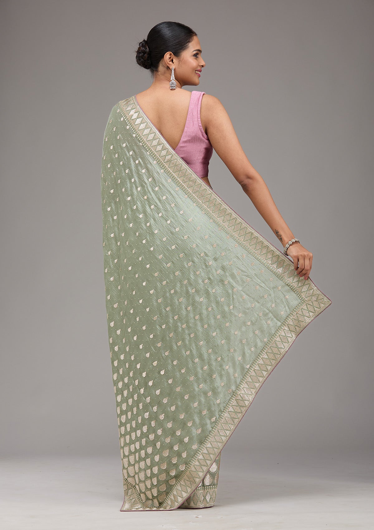 Pista Green Stonework (Gold) Soft Raw Silk Saree