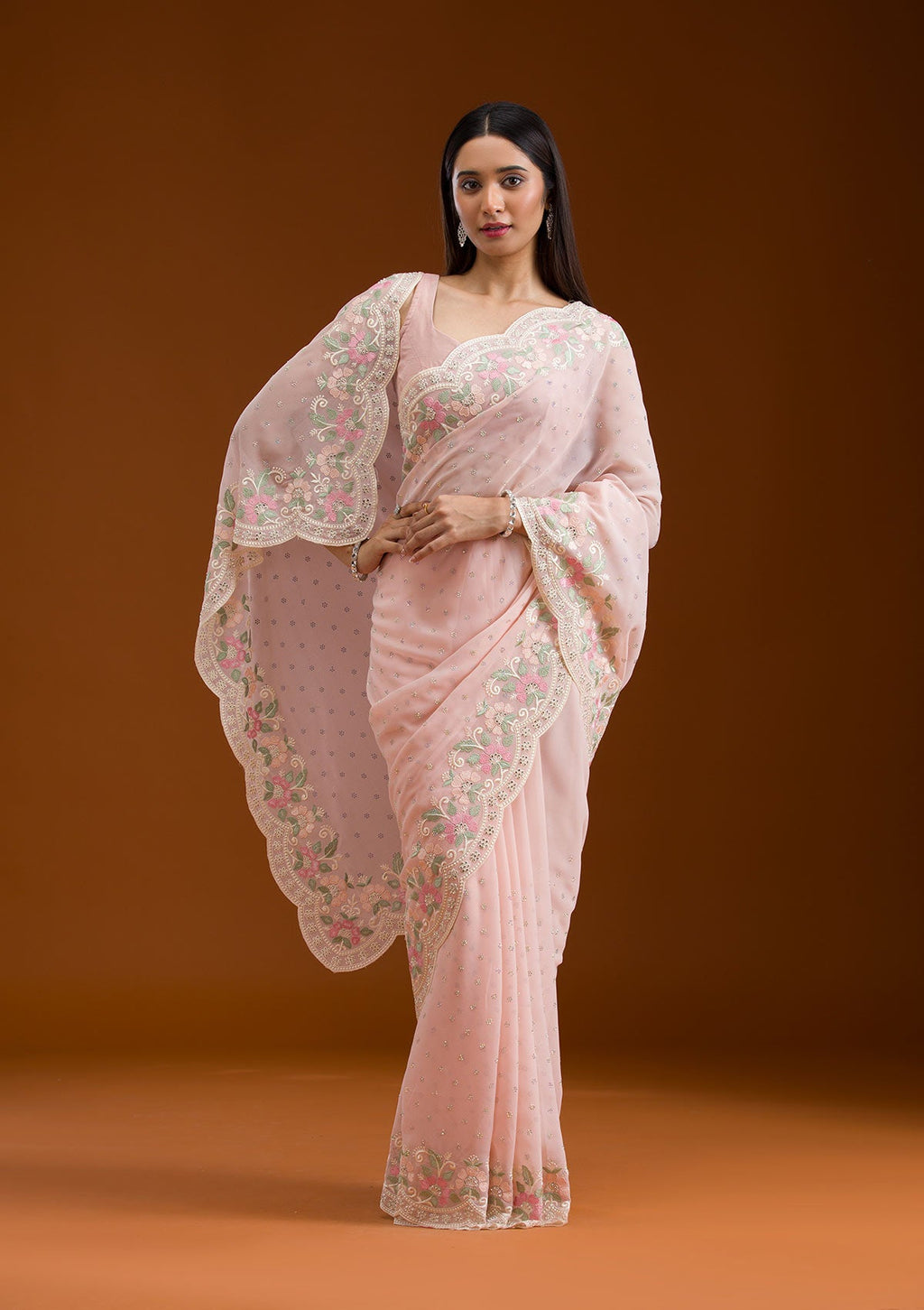 Peach Sequins Georgette Saree