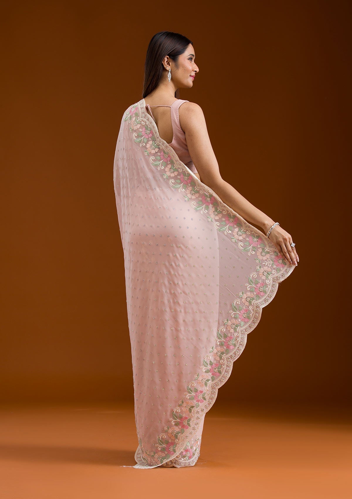 Peach Sequins Georgette Saree