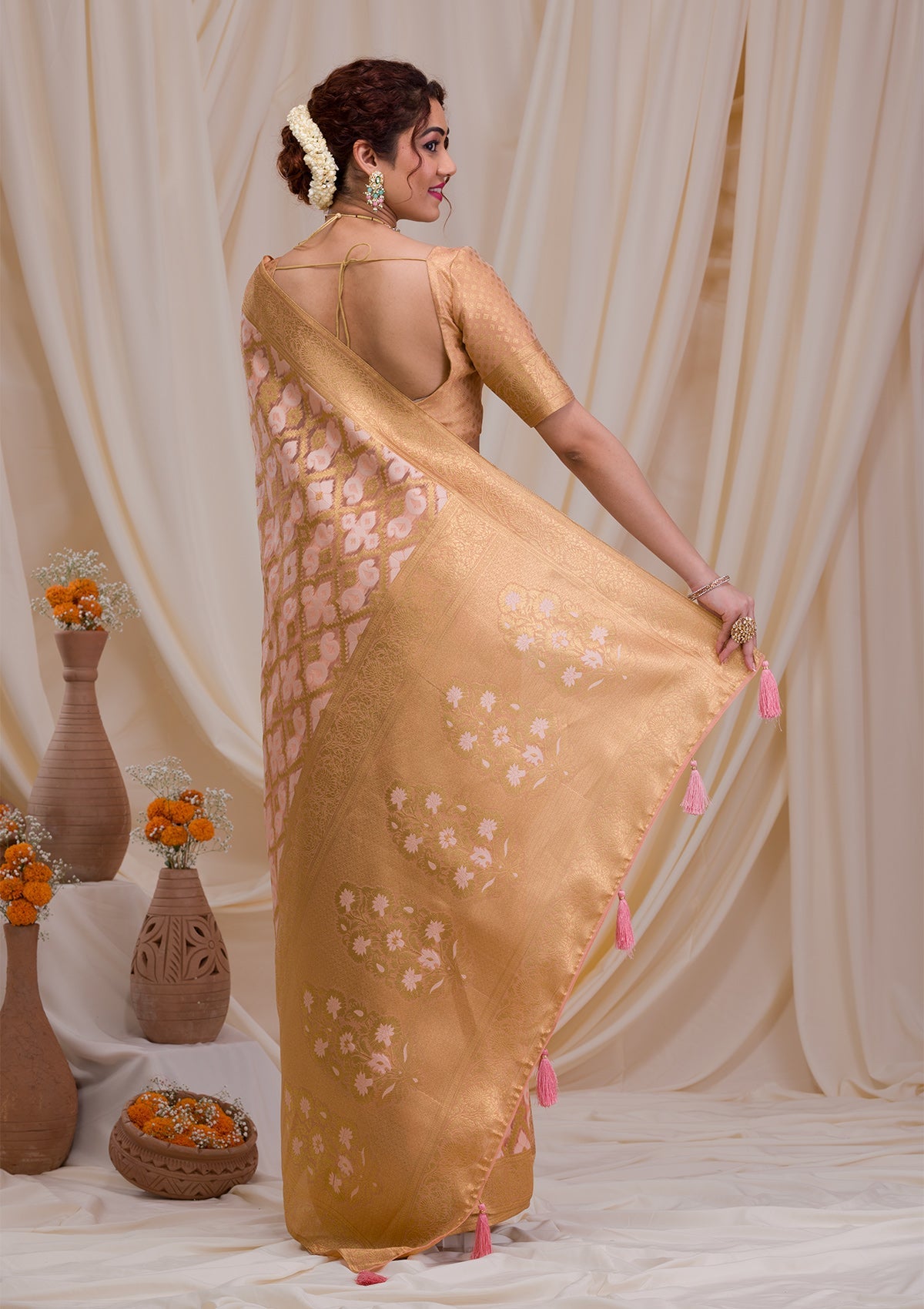 Peach Zariwork Banarasi Silk Saree