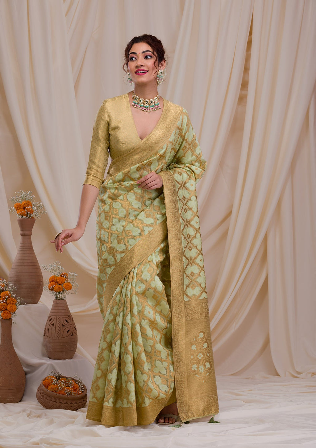 Pista Green Zariwork Banarasi Silk Saree