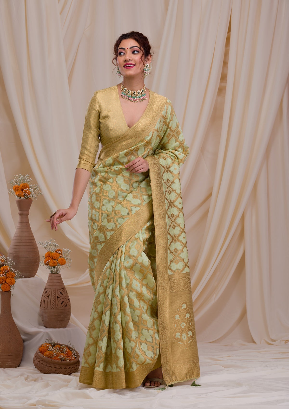 Pista Green Zariwork Banarasi Silk Saree