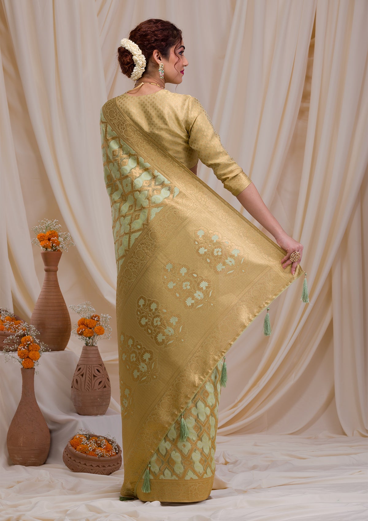 Pista Green Zariwork Banarasi Silk Saree