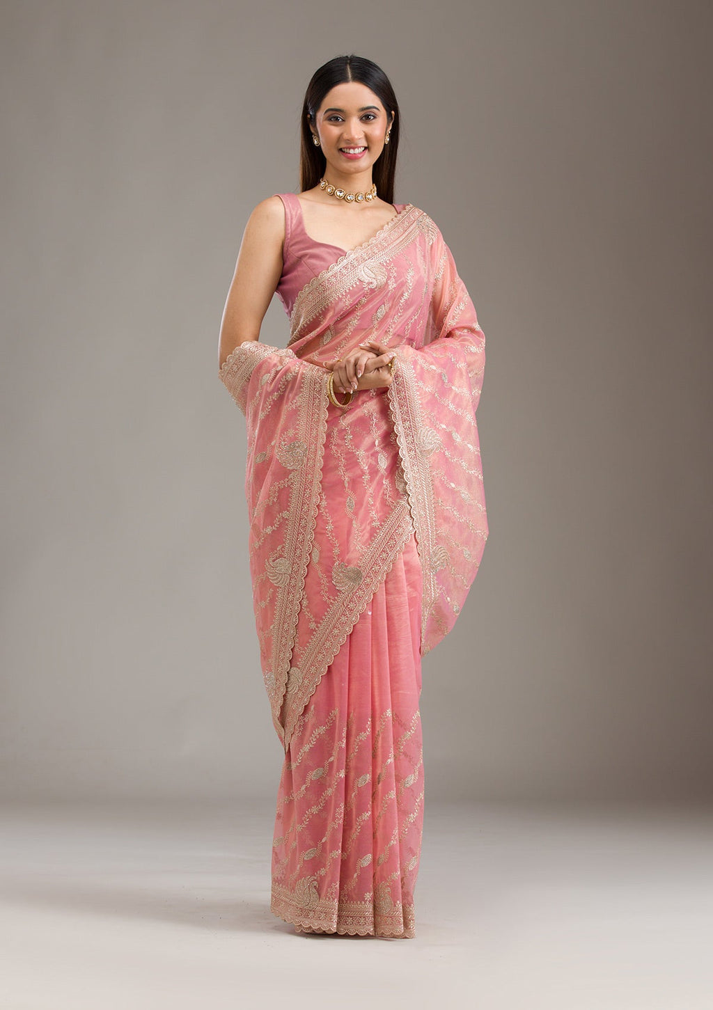 Pink Zariwork (Gold) Tissue Saree