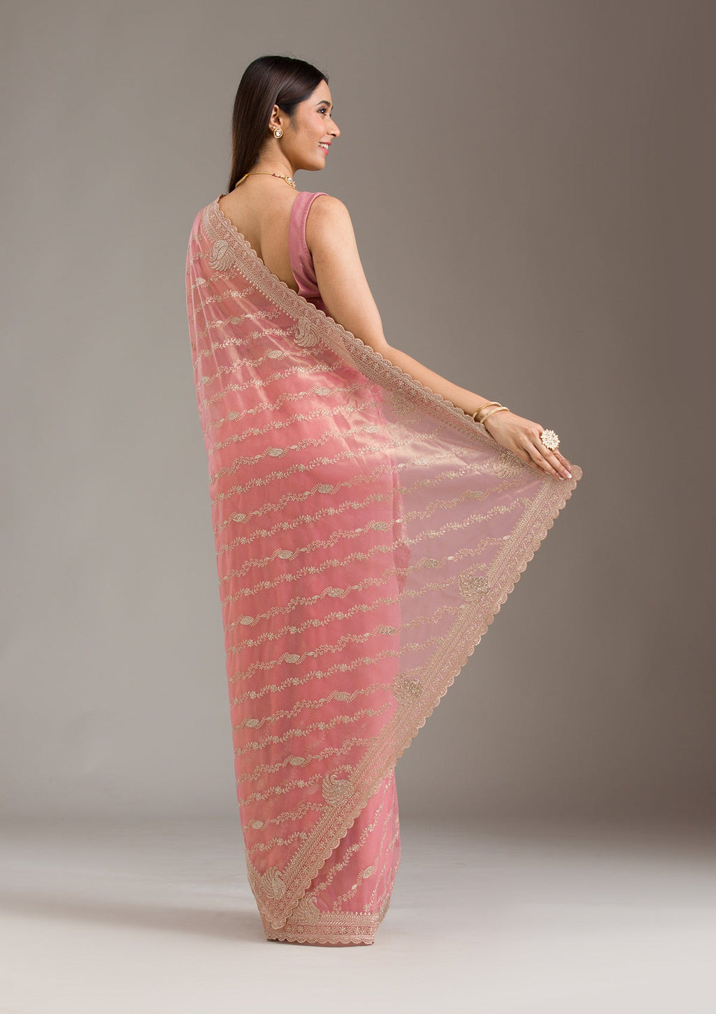 Pink Zariwork (Gold) Tissue Saree