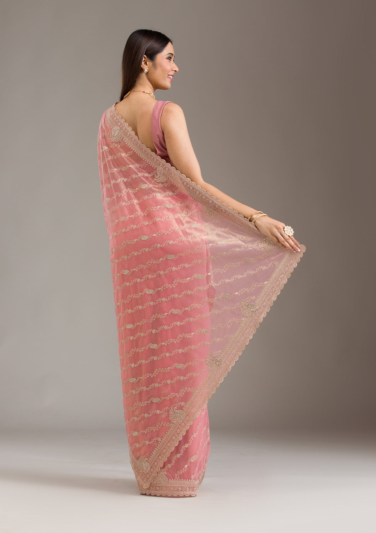 Pink Zariwork (Gold) Tissue Saree