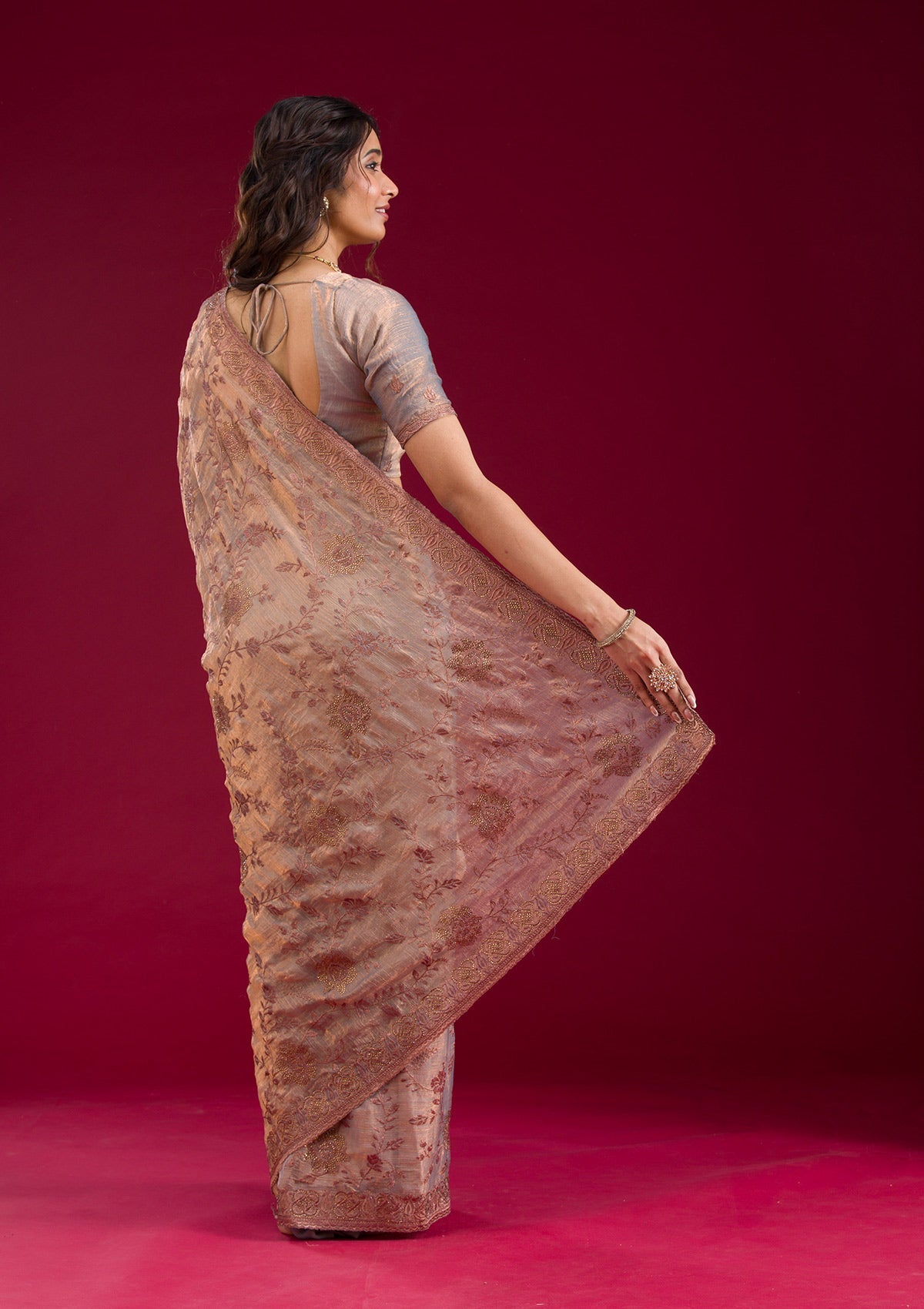 Light Brown Threadwork Tissue Saree
