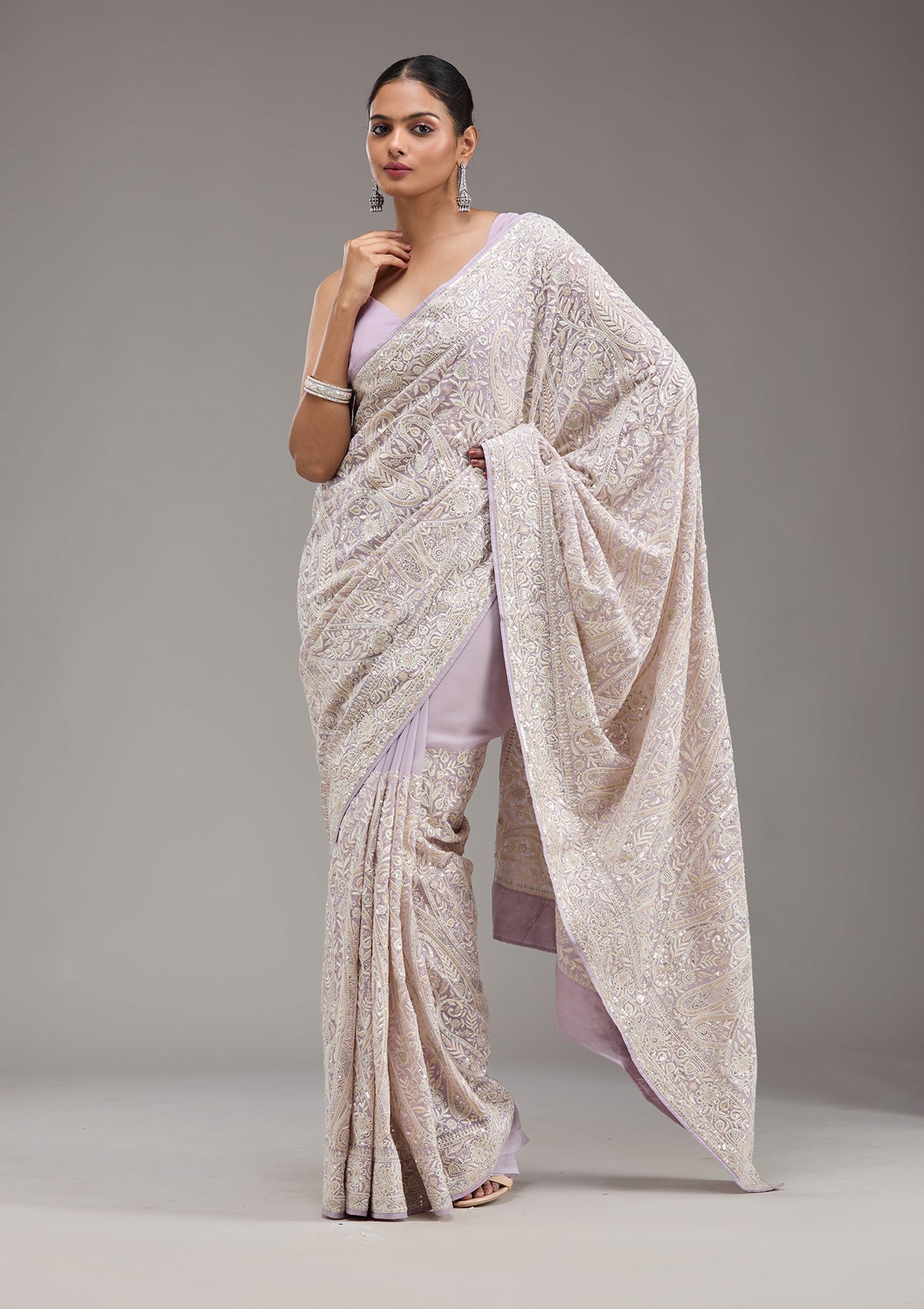 Lavender Threadwork Georgette Saree