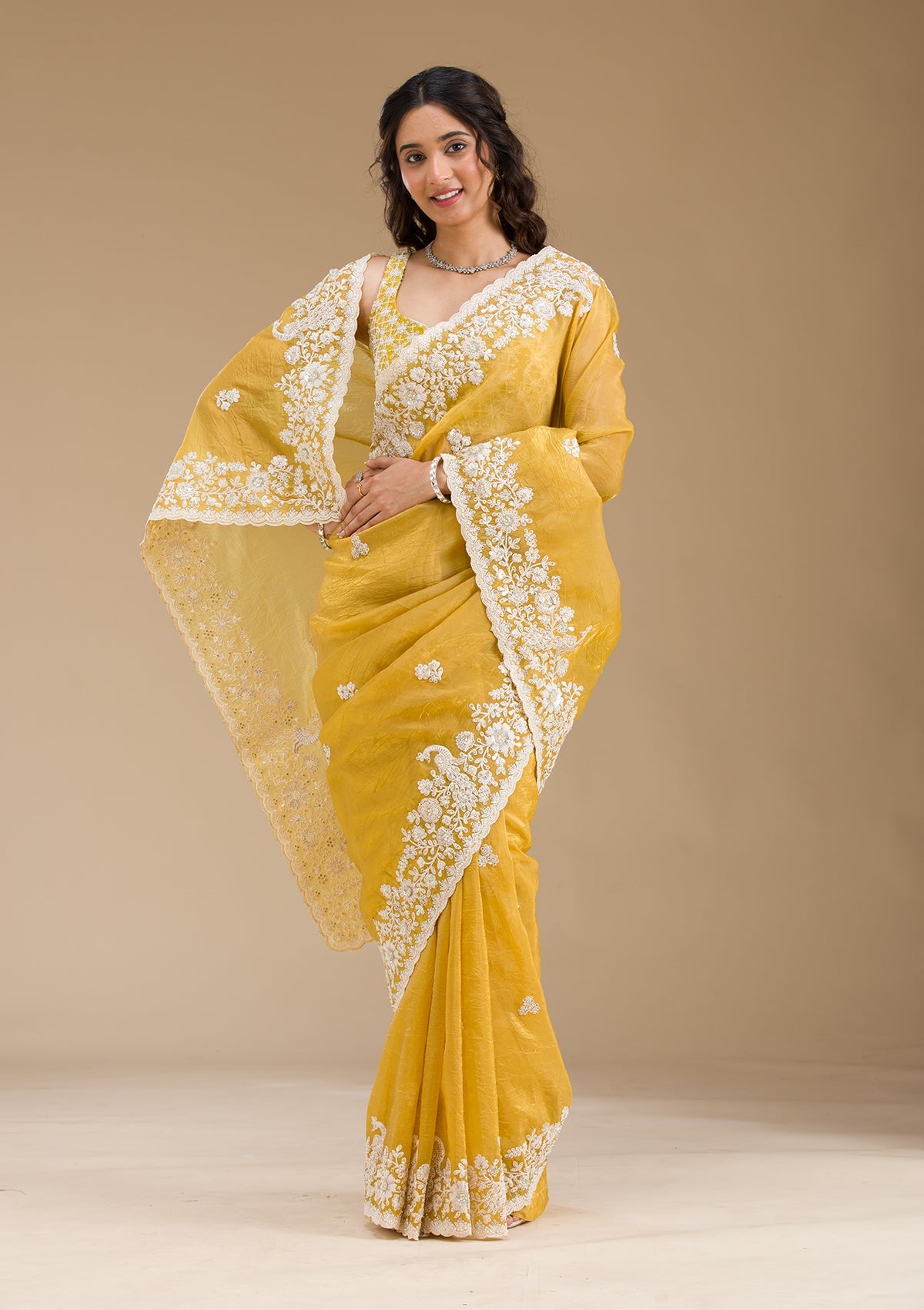 Mustard Sequins Tissue Saree