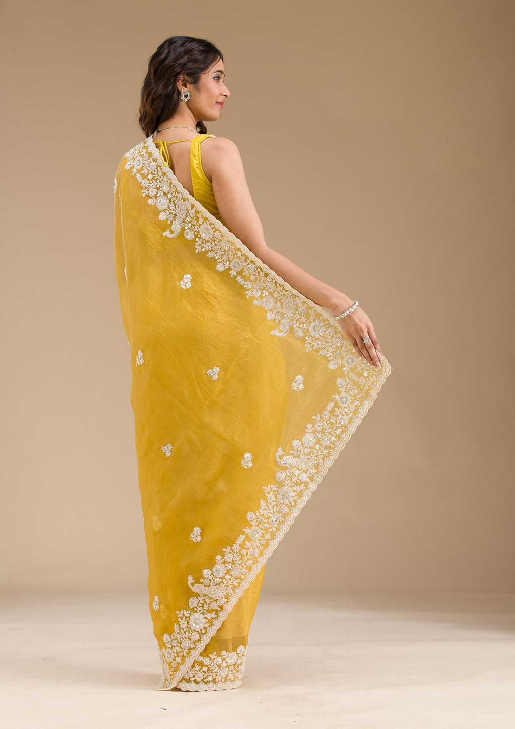 Mustard Sequins Tissue Saree
