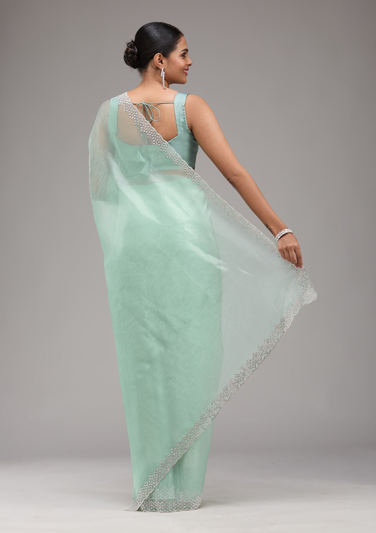 Sea Green Stonework Tissue Saree