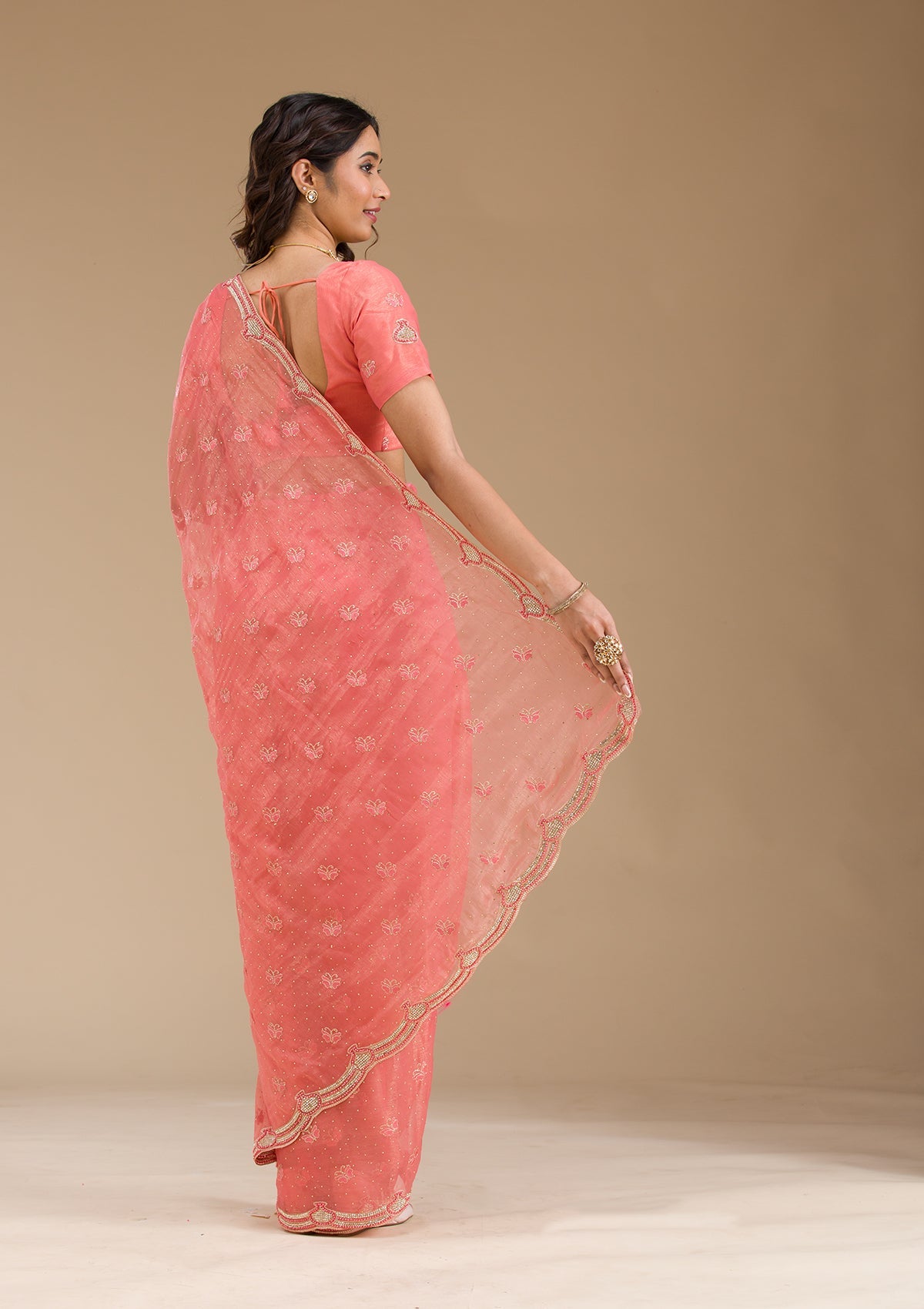 Peach Stonework Tissue Saree