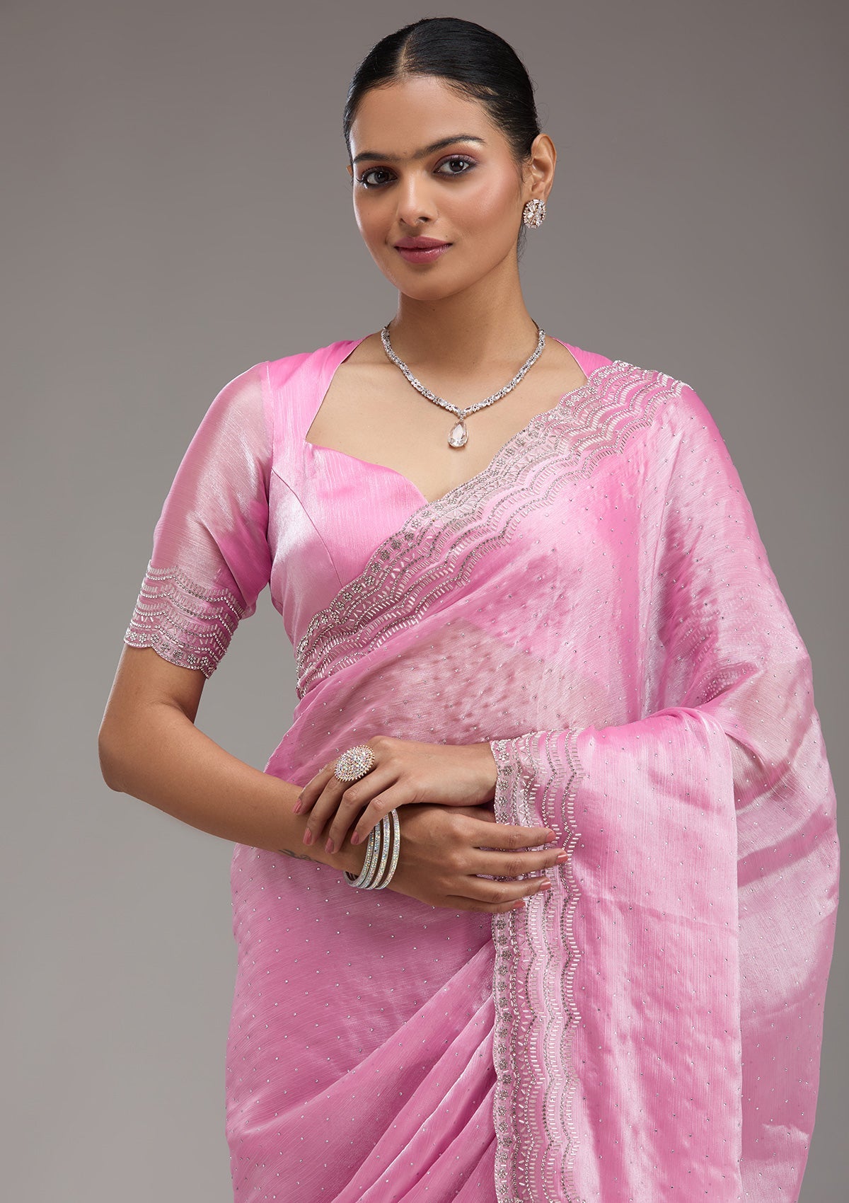 Pink Stonework Chiffon Saree