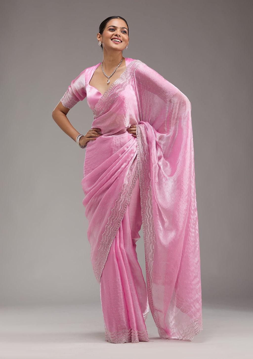 Pink Stonework Chiffon Saree