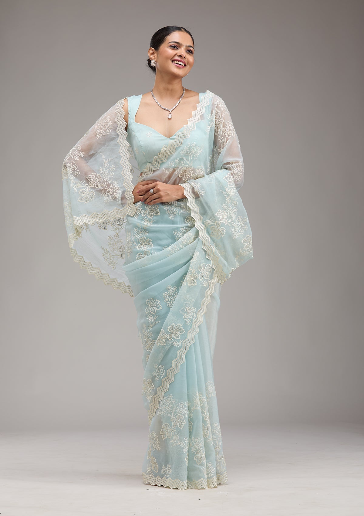Sky Blue Threadwork Chiffon Saree