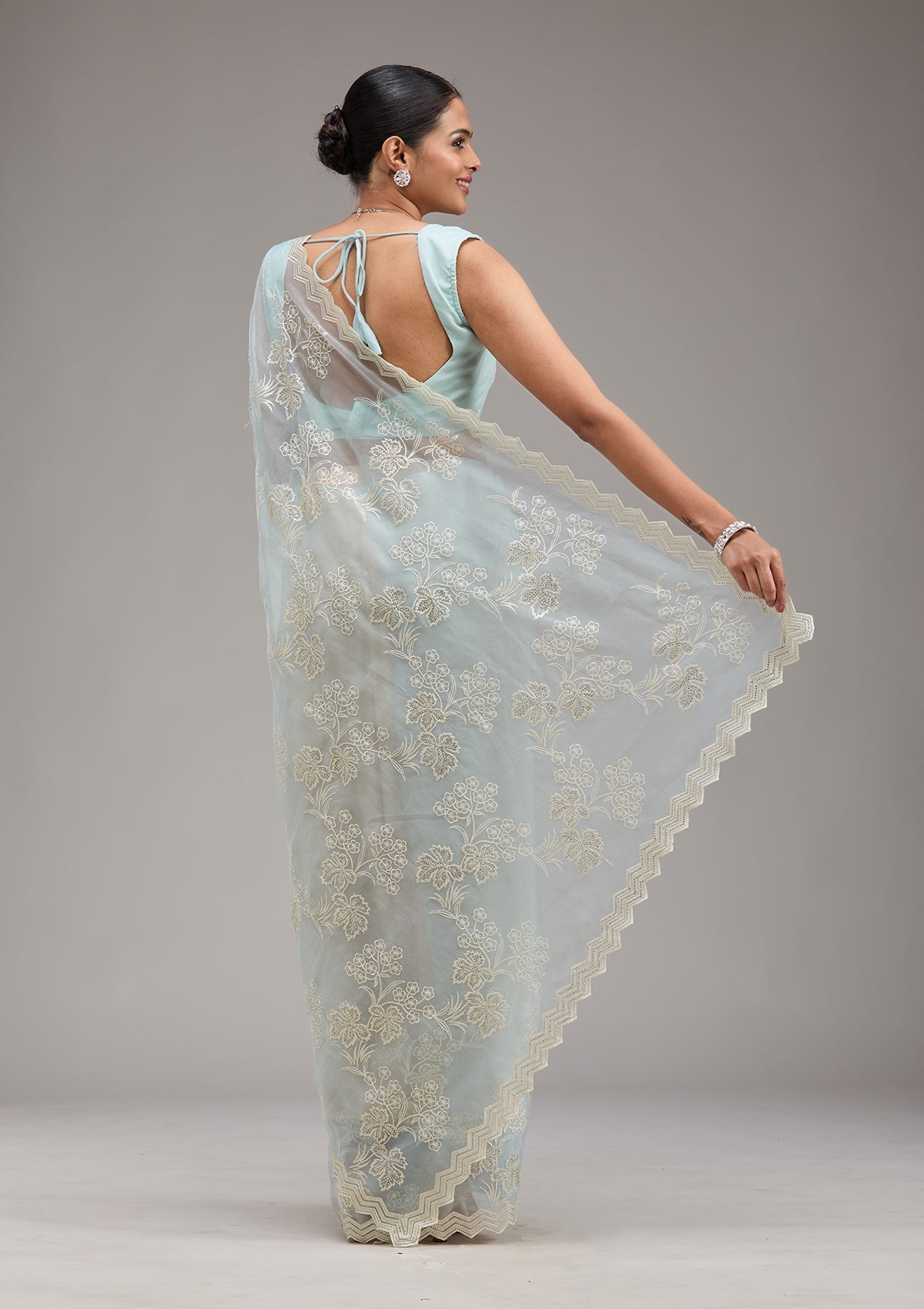Sky Blue Threadwork Chiffon Saree