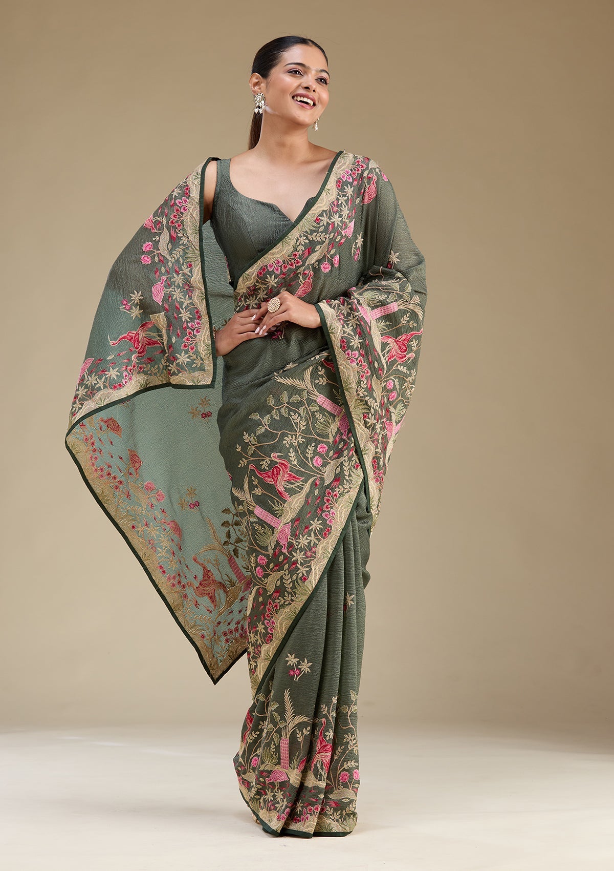 Peacock Green Zariwork Tissue Saree