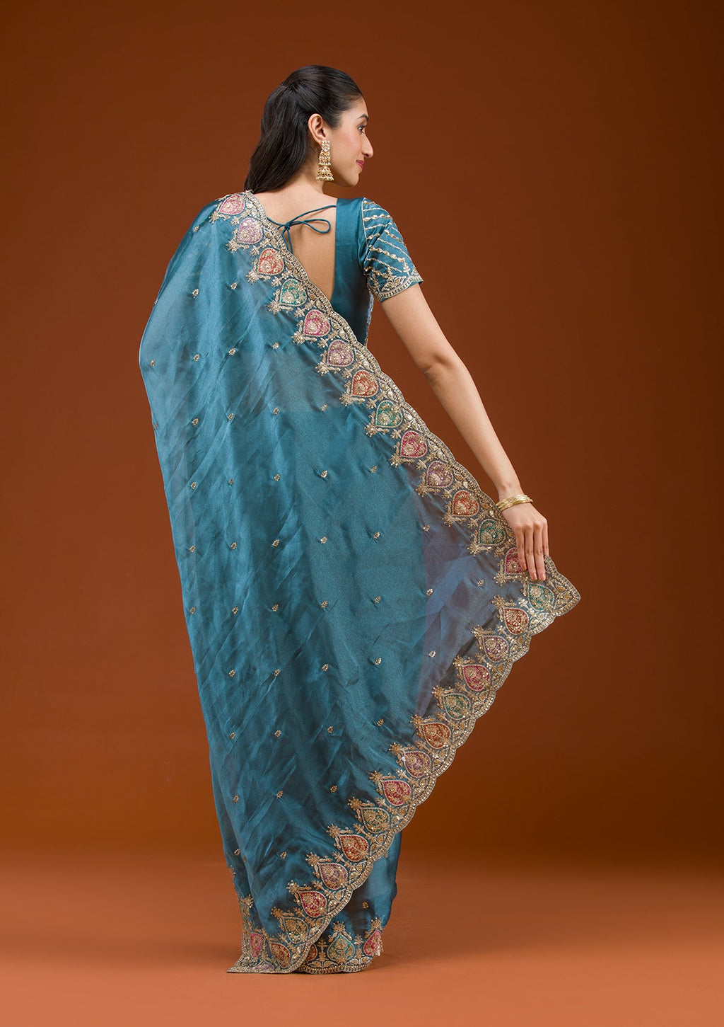 Peacock Blue Zariwork Tissue Saree